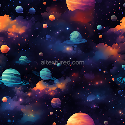 Seamless 3D Space PBR Texture Featuring Vibrant Nebula Clouds and Colorful Planets