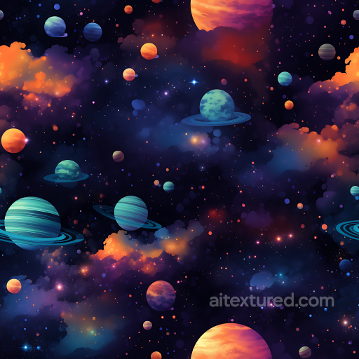 Space PBR Texture Featuring Vibrant Nebula Clouds and Colorful Planets seamless Star, space, planets PBR texture