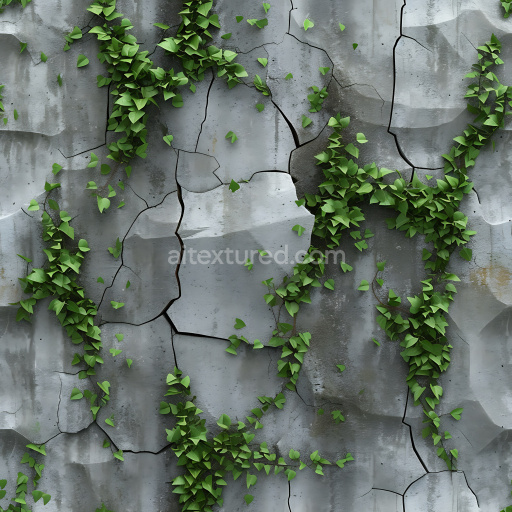 Seamless 3D PBR cracked concrete texture with lush green ivy vines