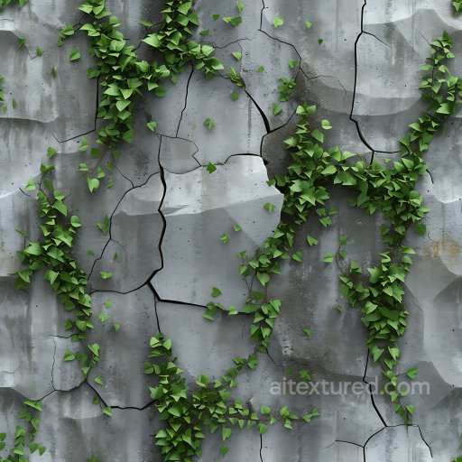 Cracked Concrete Texture With Lush Green Ivy Vines seamless Cracked & Holes PBR texture