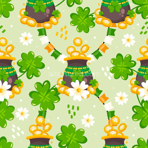 Seamless 3D PBR Texture of St Patrick Shamrocks and Gold Coin Pots