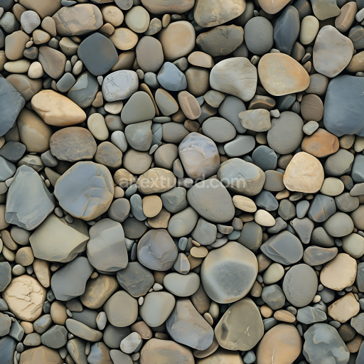 Seamless 3D Pebble Stone Ground PBR Texture with Smooth Rounded Rocks in Soft Earthy Tones