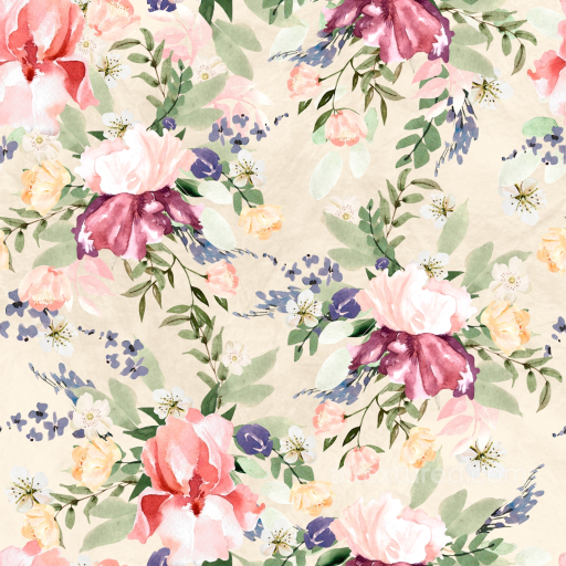 Floral Watercolor Texture with Pastel Flowers and Leaves seamless Flower PBR texture