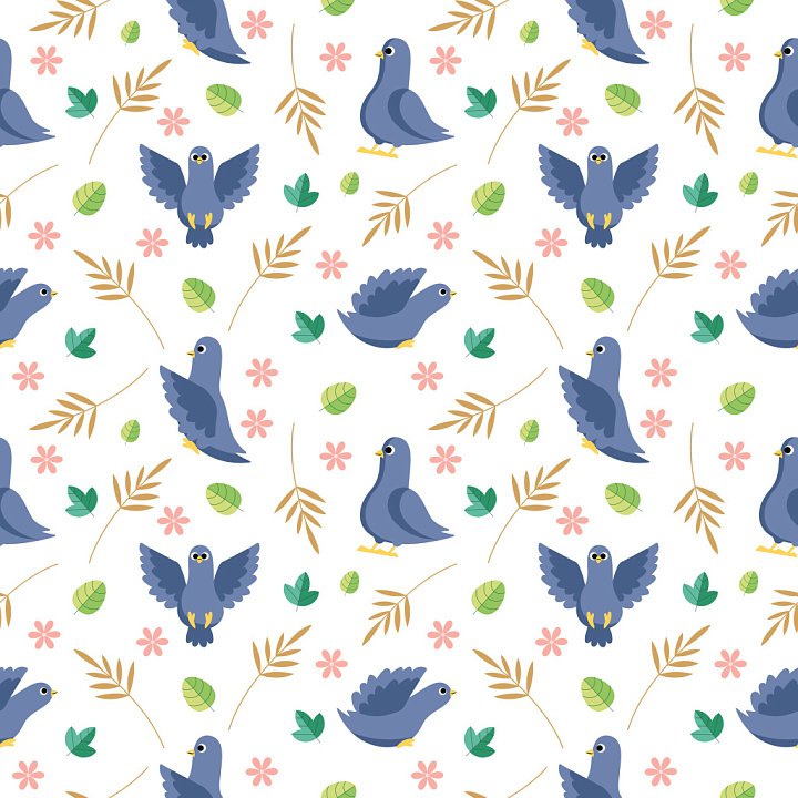 Pattern with Playful Cartoon Pigeons and Botanical Motifs seamless PBR texture preview