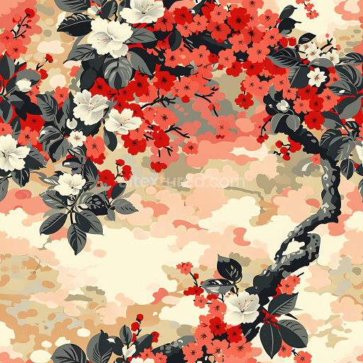 Seamless 3D cherry blossom camouflage PBR texture with stylized floral pattern and soft pastel earth tones