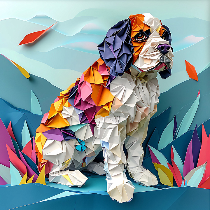 Featuring Origami-Style Colorful Clumber Spaniel Fur seamless PBR texture preview