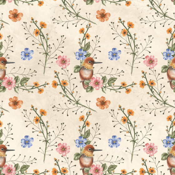 Floral Fabric Texture Featuring Birds and Delicate Branch Patterns Flower texture preview