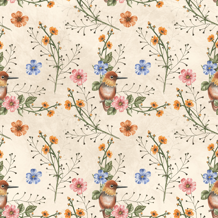 Floral Fabric Featuring Birds and Delicate Branch Patterns seamless PBR texture preview