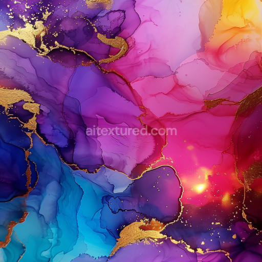 Seamless 3D Alcohol Ink PBR Texture Featuring Vivid Purple and Pink with Gold Veining