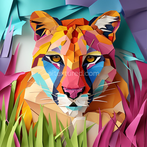 Seamless 3D PBR Texture of a Vibrant Geometric Origami Cougar Design