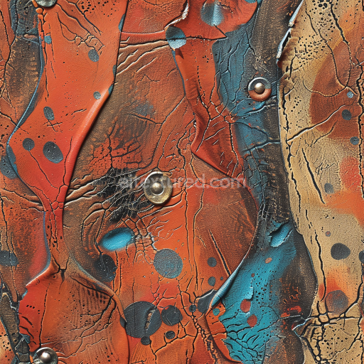 Preview — Seamless 3D cracked multicolor leather PBR texture with distressed paint and metal studs