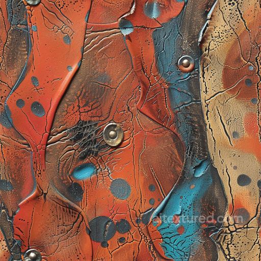 cracked multicolor leather PBR texture with distressed paint and metal studs seamless Leather PBR texture