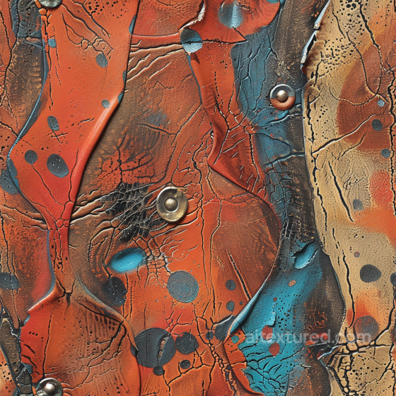 cracked multicolor leather PBR texture with distressed paint and metal studs Leather texture preview