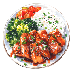 seamless Chicken Teriyaki Breakfast Plate with Rice, Broccoli, and Tomatoes Illustration texture 8k free download PBR