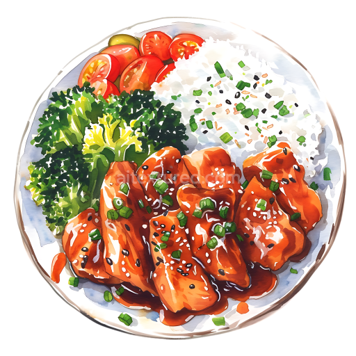 Chicken Teriyaki Breakfast Plate with Rice, Broccoli, and Tomatoes Illustration