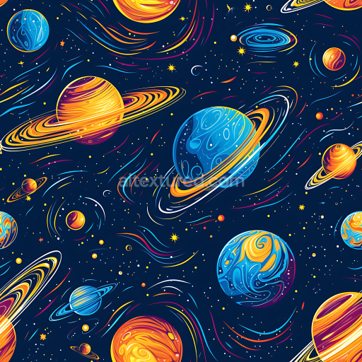 Seamless 3D Stylized Space PBR Texture with Colorful Planets and Dynamic Cosmic Trails