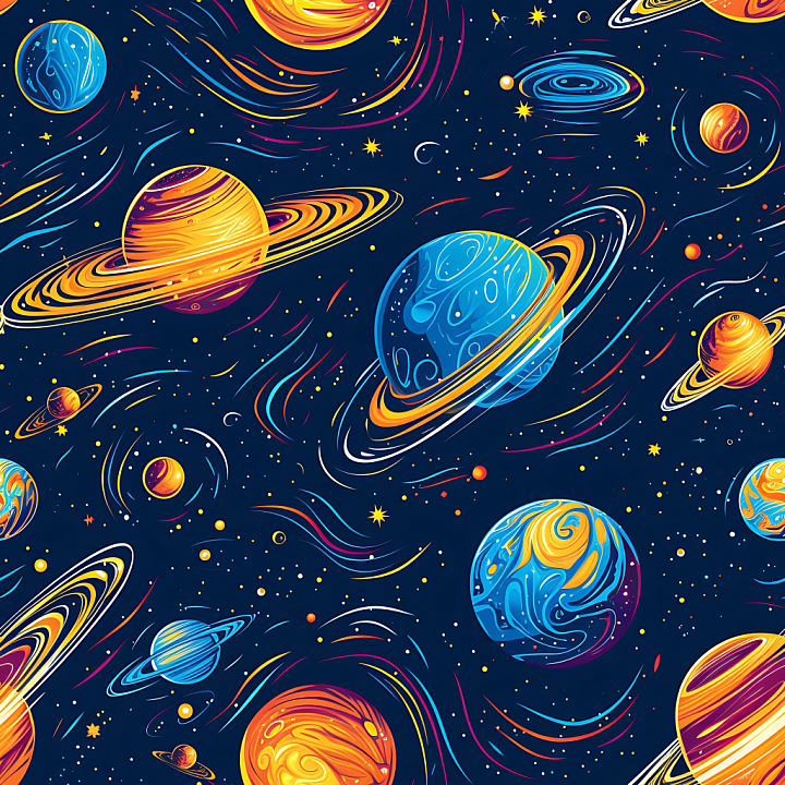 Stylized Space with Colorful Planets and Dynamic Cosmic Trails seamless PBR texture preview