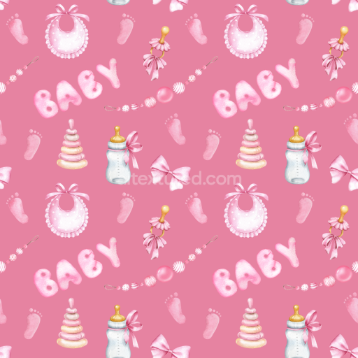 Seamless 3D PBR Texture of Baby Girl Pink-themed Pattern with Bottles and Ribbons