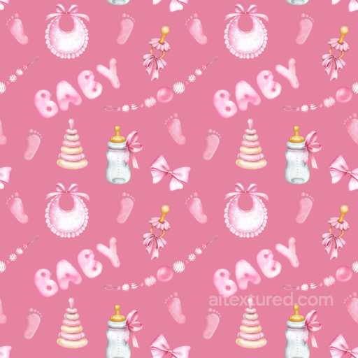 Baby Girl Pink-themed Pattern Seamless Texture with Bottles and Ribbons seamless Baby girl PBR texture