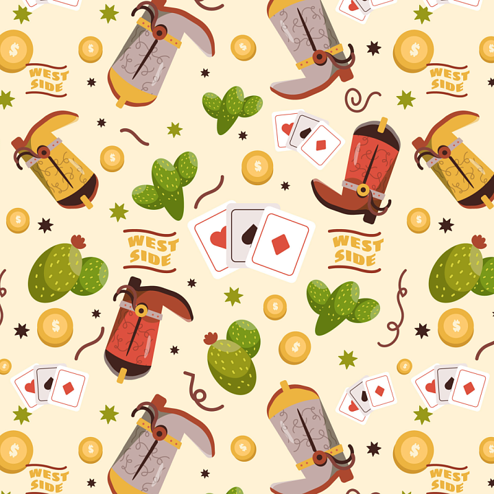 Featuring Cartoon Western Boots, Cacti & Playing Cards seamless PBR texture preview