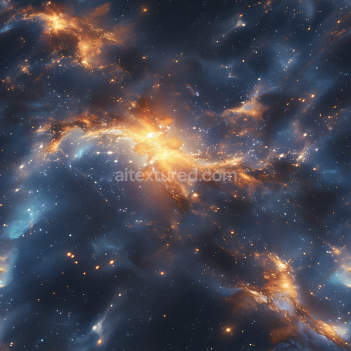 Seamless 3D Space PBR Texture Featuring Fiery Orange Nebula Clouds and Deep Blue Starfield