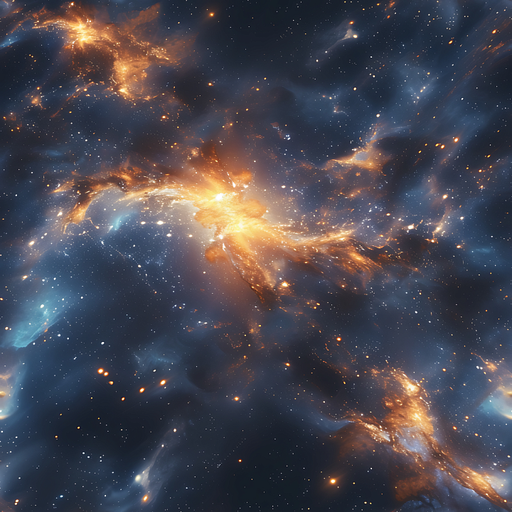 Space Featuring Fiery Orange Nebula Clouds and Deep Blue Starfield seamless PBR texture preview