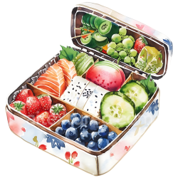 seamless Watercolor Bento Box Breakfast Graphic with Fresh Fruits and Sushi texture 8k free download PBR