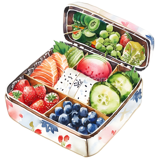 Watercolor Bento Box Breakfast Graphic with Fresh Fruits and Sushi