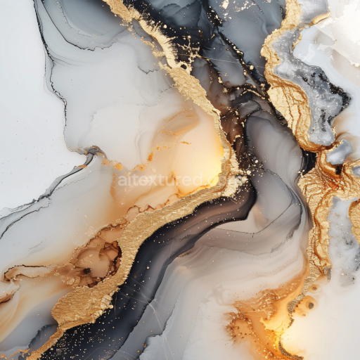 Seamless 3D Alcohol Ink PBR Texture Featuring Gold Veins and Smoky Black Fluid Swirls