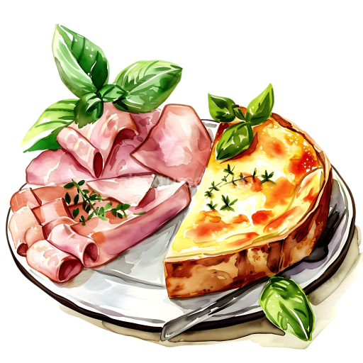 Preview — Breakfast Plate with Ham and Baked Ricotta Cheesecake Illustration