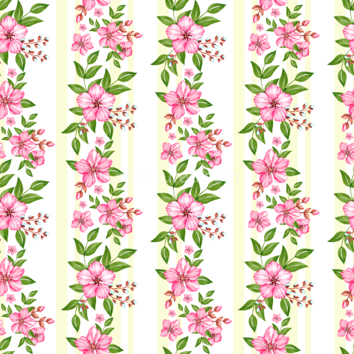 Seamless 3D PBR Pink Flower Fabric Texture with Vertical Stripes and Floral Pattern