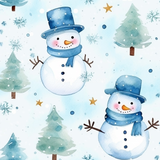 Seamless 3D PBR Watercolor Snowman and Pine Tree Christmas Texture