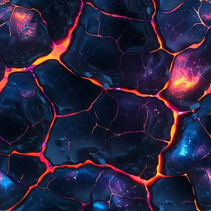Cracked Lava Rock Featuring Glowing Magma Fissures seamless PBR texture preview