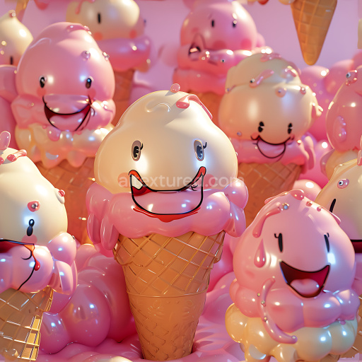 Seamless 3D Inflated PBR Texture of Glossy Cartoon Ice Cream Cones with Pink and Cream Swirls