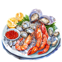 seamless Detailed Seafood Platter Breakfast PNG Featuring Lobster, Clams & Lemon Slices texture 8k free download PBR