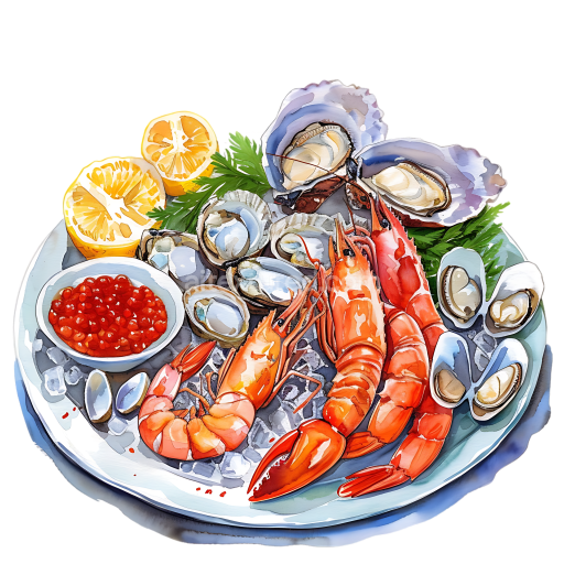 Detailed Seafood Platter Breakfast PNG Featuring Lobster, Clams & Lemon Slices