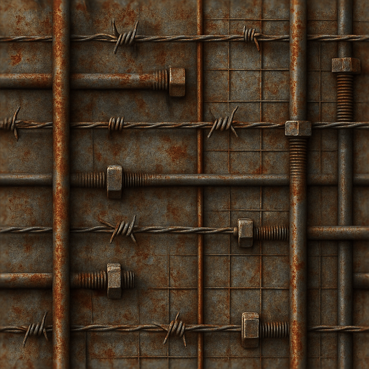 Barbed Wire Fence With Corroded Metal And Metal Bolts On Steel… seamless PBR texture preview