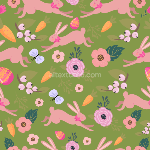 Seamless 3D PBR Texture Featuring Playful Pink Bunnies and Floral Patterns on Green Background