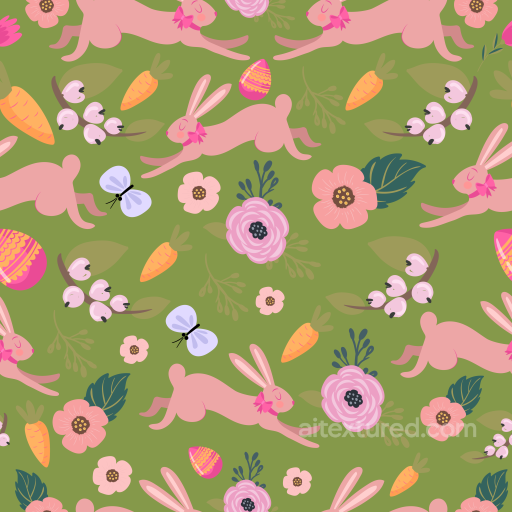 Of Pastel Easter Bunnies And Spring Florals On Green Background seamless All Easter Digital paper PBR texture