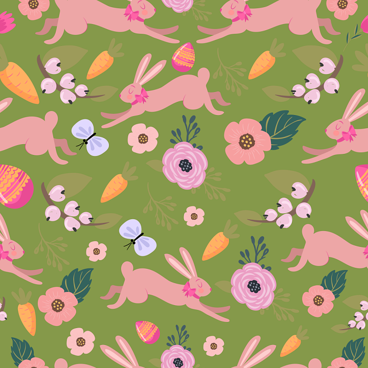 Featuring Playful Pink Bunnies and Floral Patterns on Green Background seamless PBR texture preview