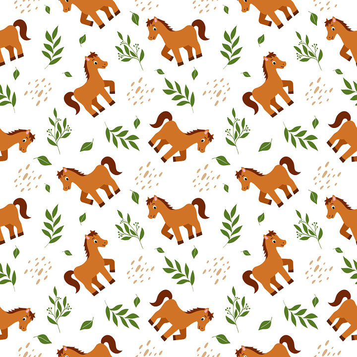 Pattern with Playful Horse Motifs and Green Leafy Accents seamless PBR texture preview