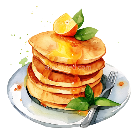 Watercolor Illustration of Papua New Guinea Sago Pancakes with Orange and Green Leaves for Breakfast