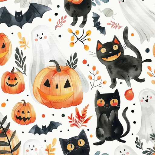 Preview — Seamless 3D PBR Watercolor Halloween Texture with Pumpkins, Ghosts & Cats