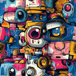 seamless Seamless 3D PBR Graffiti Texture Featuring Vibrant Cartoon Robots and Bold Geometric Shapes texture 8k free download PBR