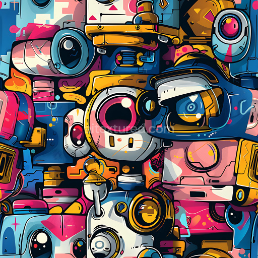 Seamless 3D PBR Graffiti Texture Featuring Vibrant Cartoon Robots and Bold Geometric Shapes