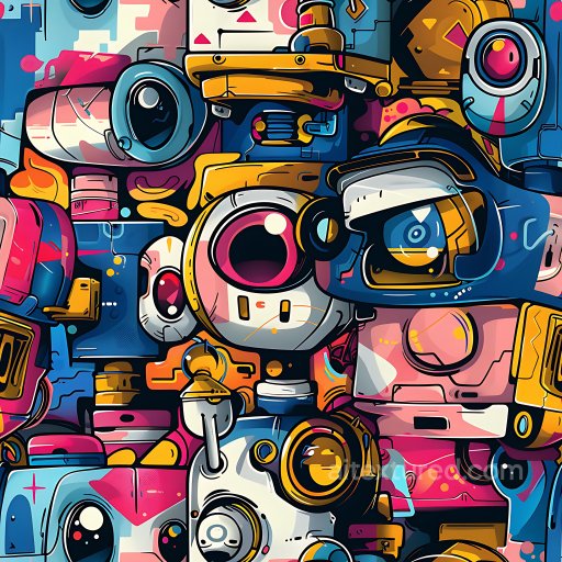 Seamless 3D PBR Graffiti Texture Featuring Vibrant Cartoon Robots and Bold Geometric Shap… texture preview