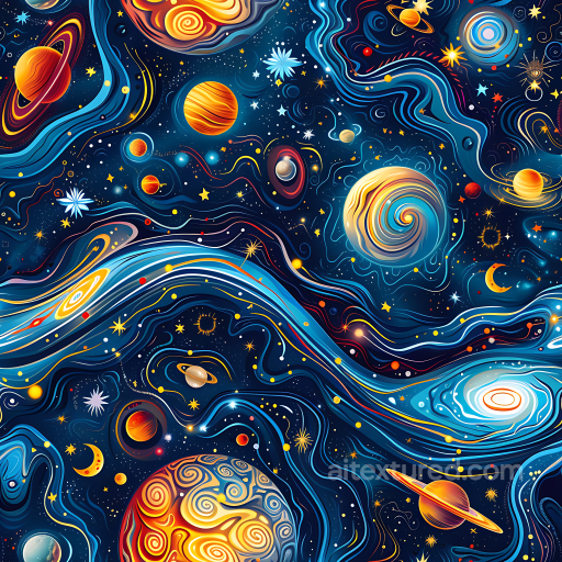 Space PBR Texture Featuring Stylized Cosmic Galaxy, Planets, and Swirling Nebulae seamless Star, space, planets PBR texture