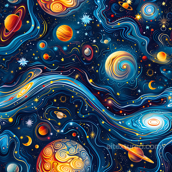 Space PBR Texture Featuring Stylized Cosmic Galaxy, Planets, and Swirling Nebulae Star, space, planets texture preview