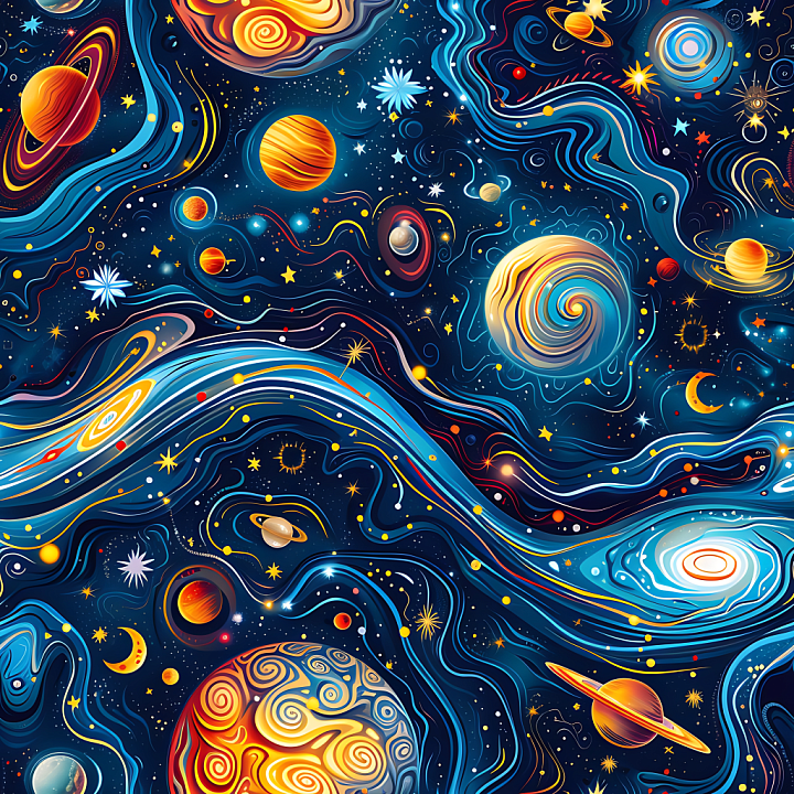 Space Featuring Stylized Cosmic Galaxy, Planets, and Swirling Nebulae seamless PBR texture preview