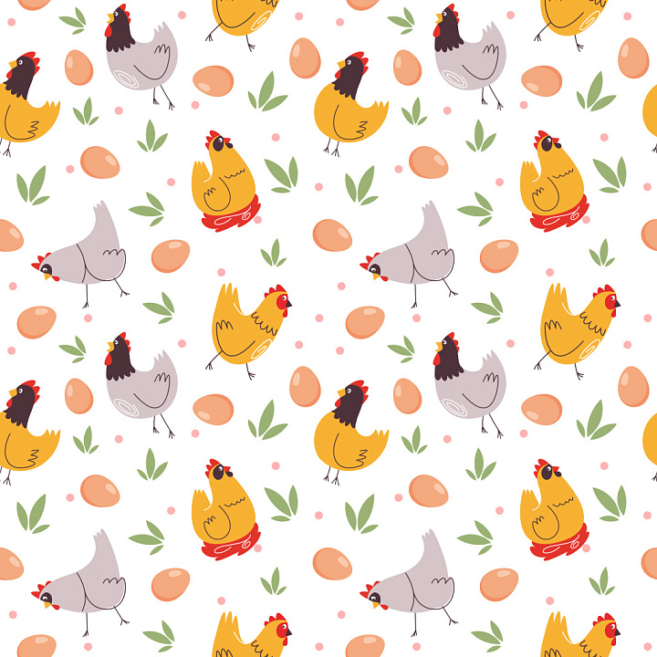 Pattern of Cartoon Chickens, Eggs, and Green Leaves seamless PBR texture preview